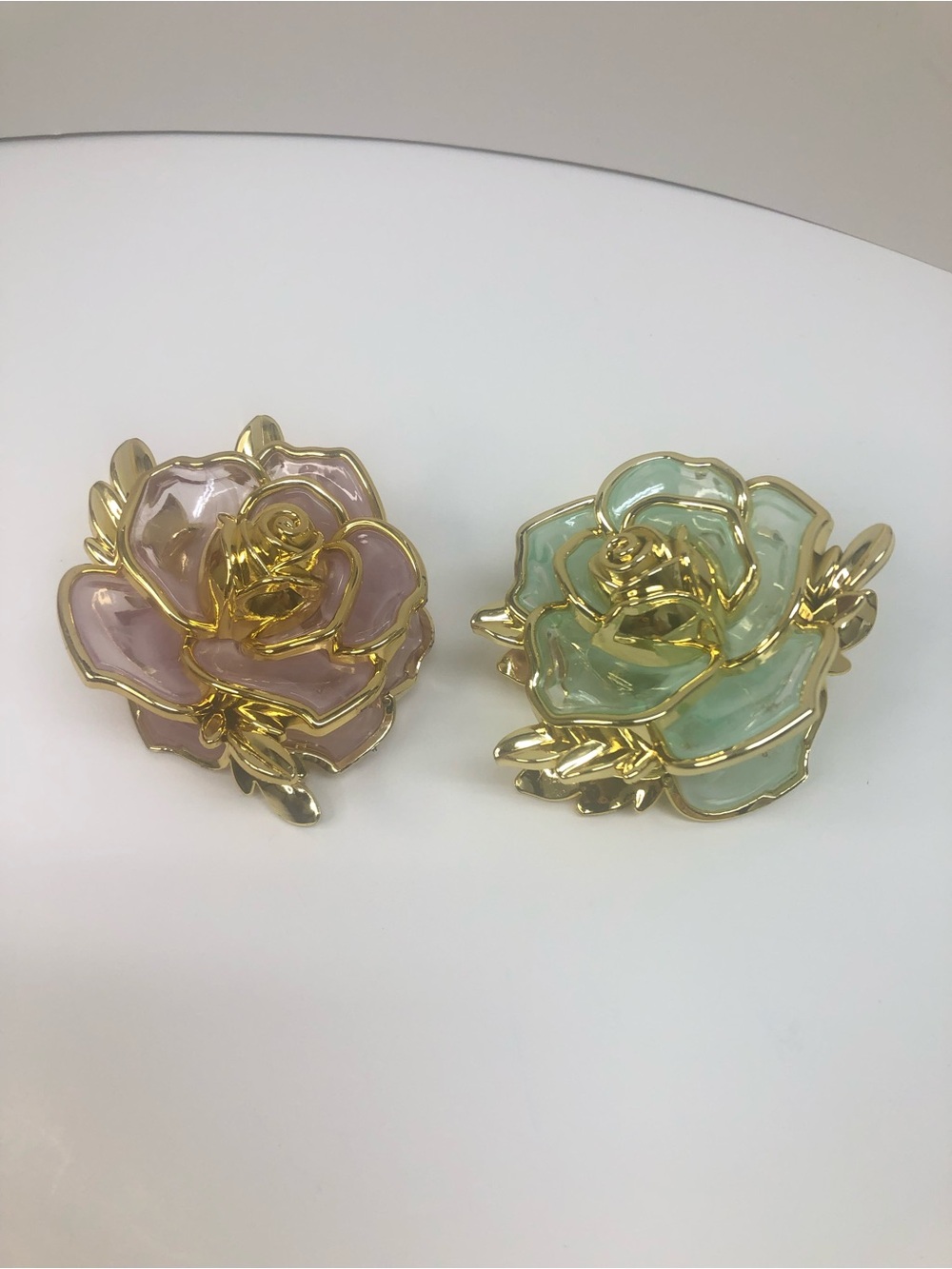Rose Hair Clips - Pink and Mint Gold Trim Set of 2 NWOT
